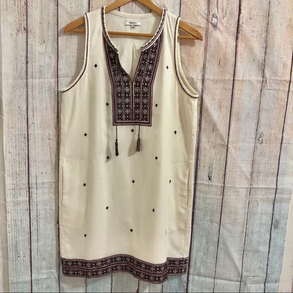 Madewell 8 Ivory boho embroidered sleeveless shirt dress tassel tie front vneck - Picture 3 of 6